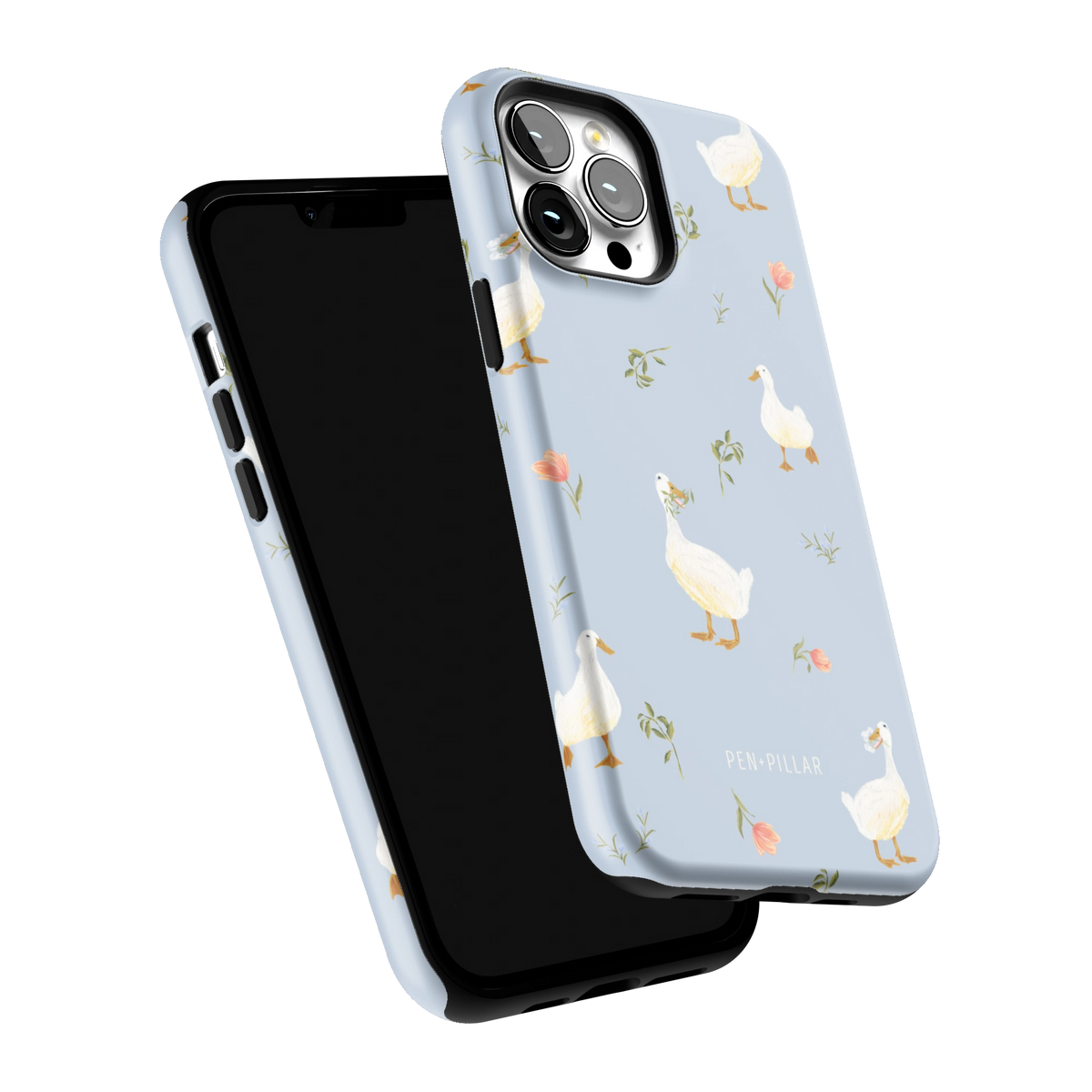 Ducks iPhone 13 Pro Max case tilted to show the raised edges around the screen and camera
