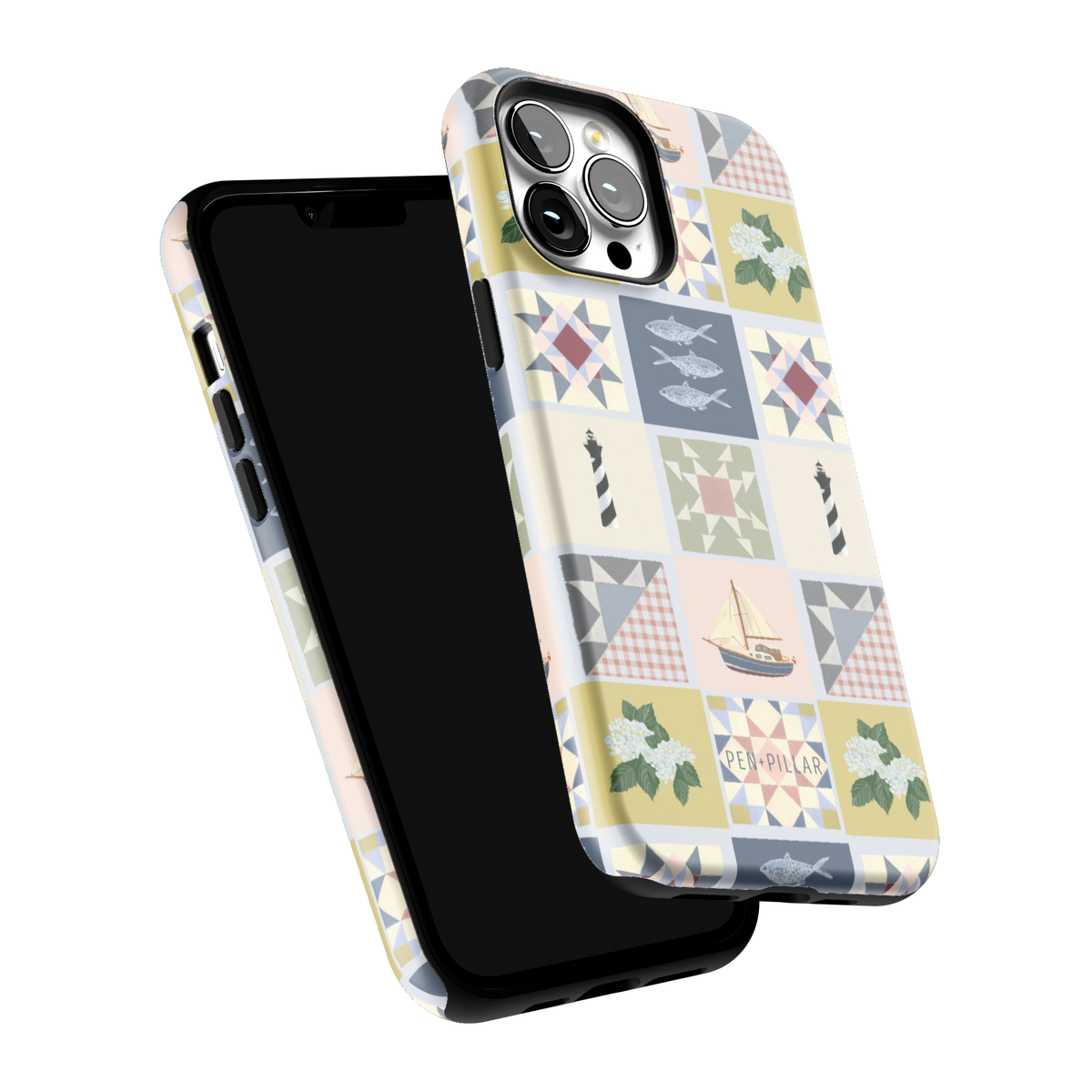 Coastal Quilt iPhone 13 Pro Max case tilted to show the raised edges around the screen and camera