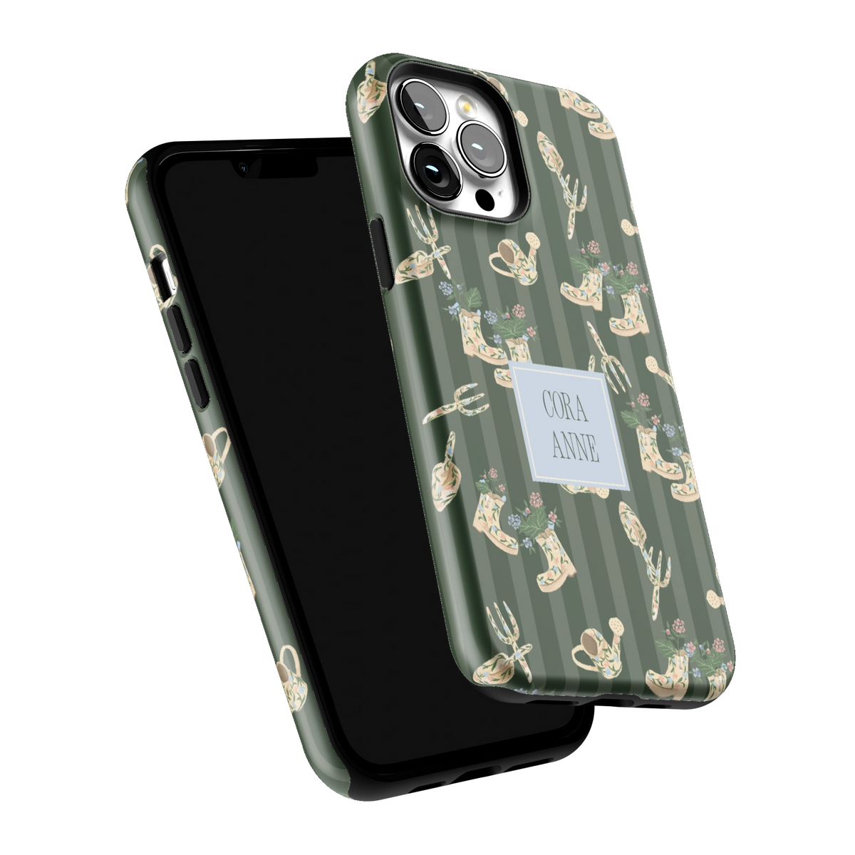 In the Garden Personalized iPhone 13 Pro Max case tilted to show the raised edges around the screen and camera