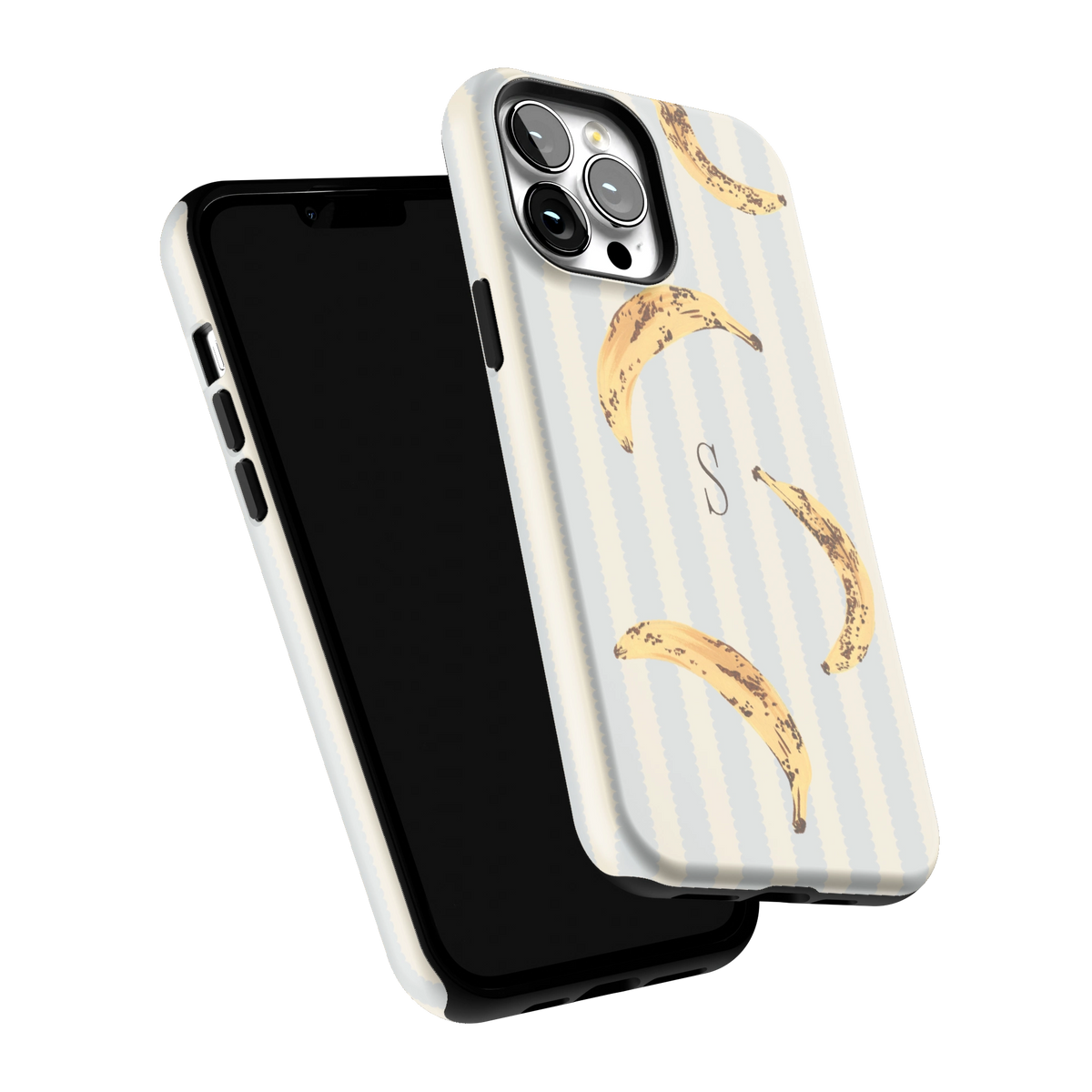 Striped Bananas Personalized iPhone 13 Pro Max case tilted to show the raised edges around the screen and camera