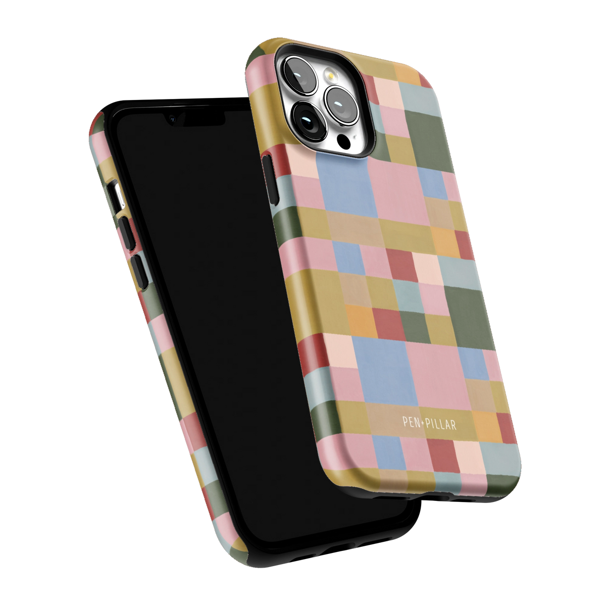 Colorblock iPhone 13 Pro Max case tilted to show the raised edges around the screen and camera