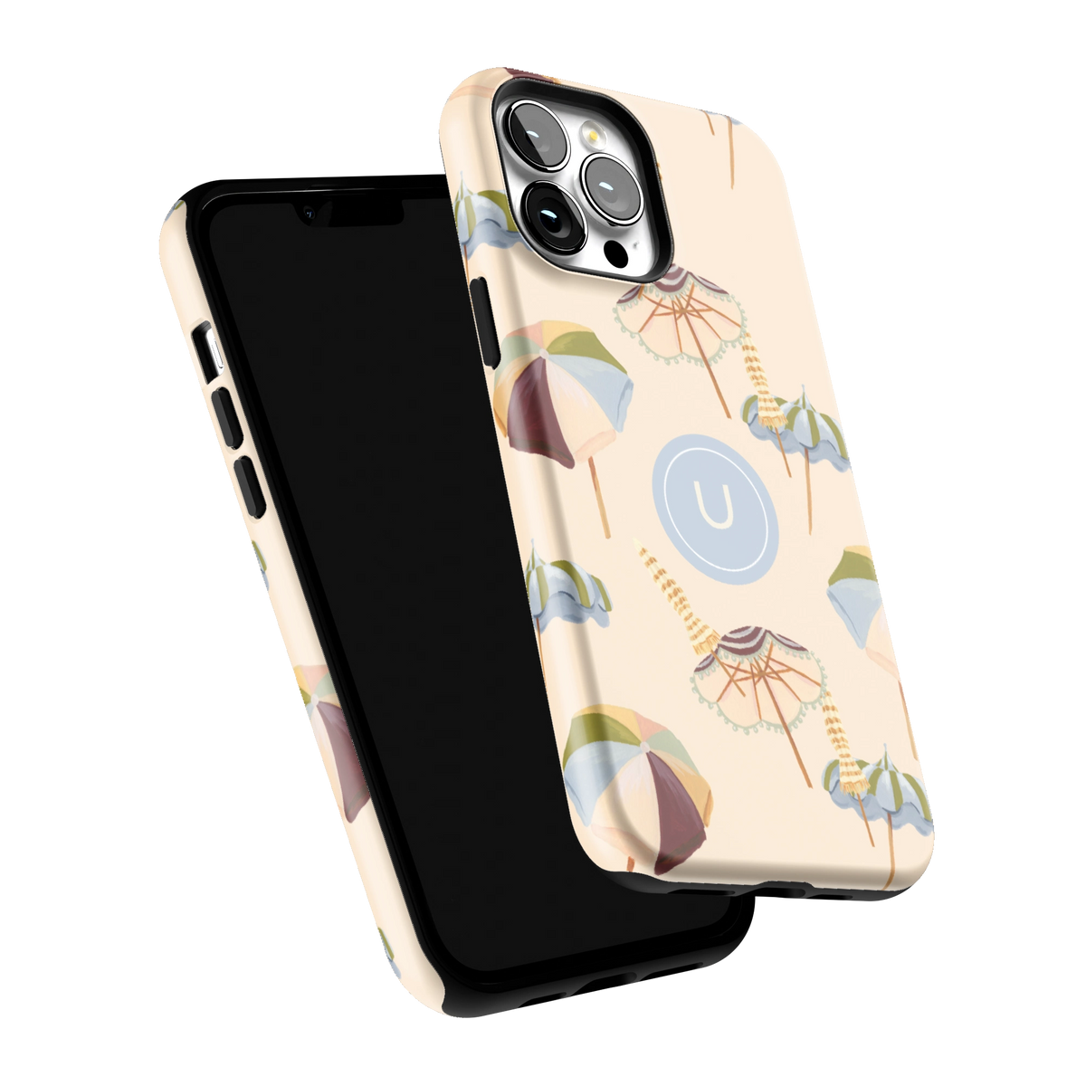 Umbrellas Personalized iPhone 13 Pro Max case tilted to show the raised edges around the screen and camera