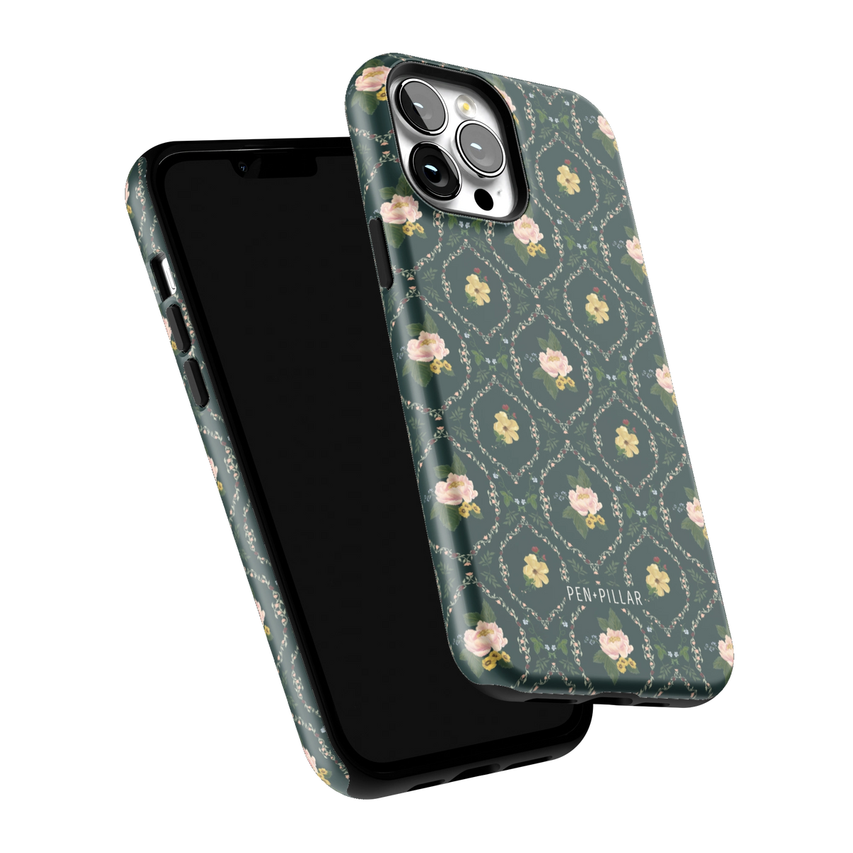 Meadow iPhone 13 Pro Max case tilted to show the raised edges around the screen and camera