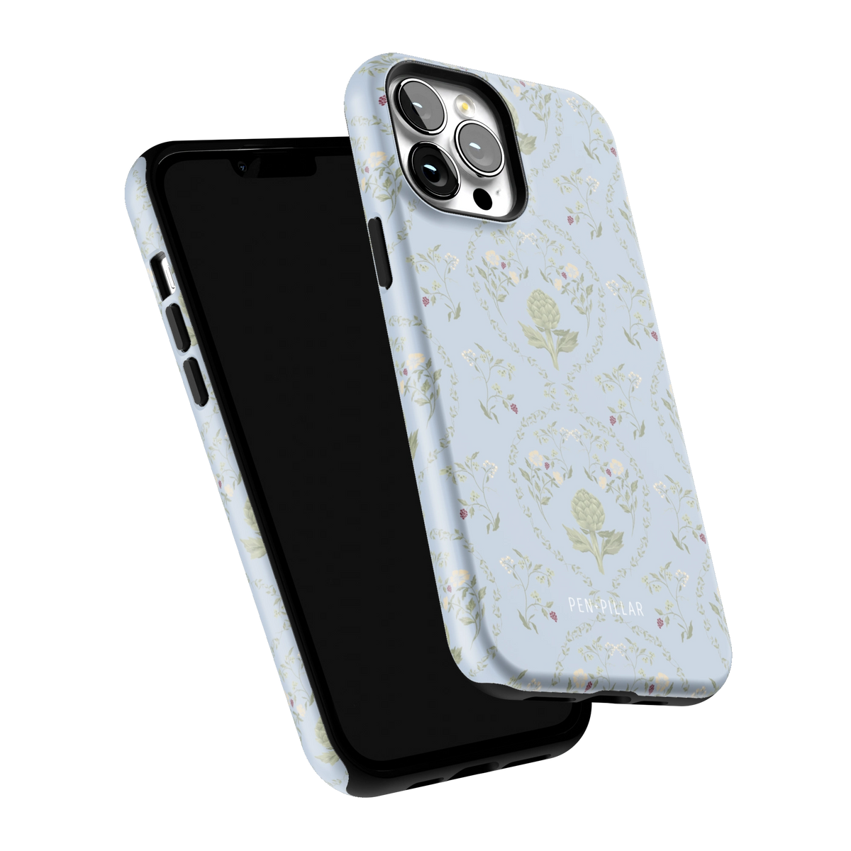 Artichoke iPhone 13 Pro Max case tilted to show the raised edges around the screen and camera