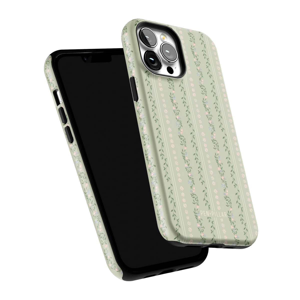 Camellia iPhone 13 Pro Max case tilted to show the raised edges around the screen and camera