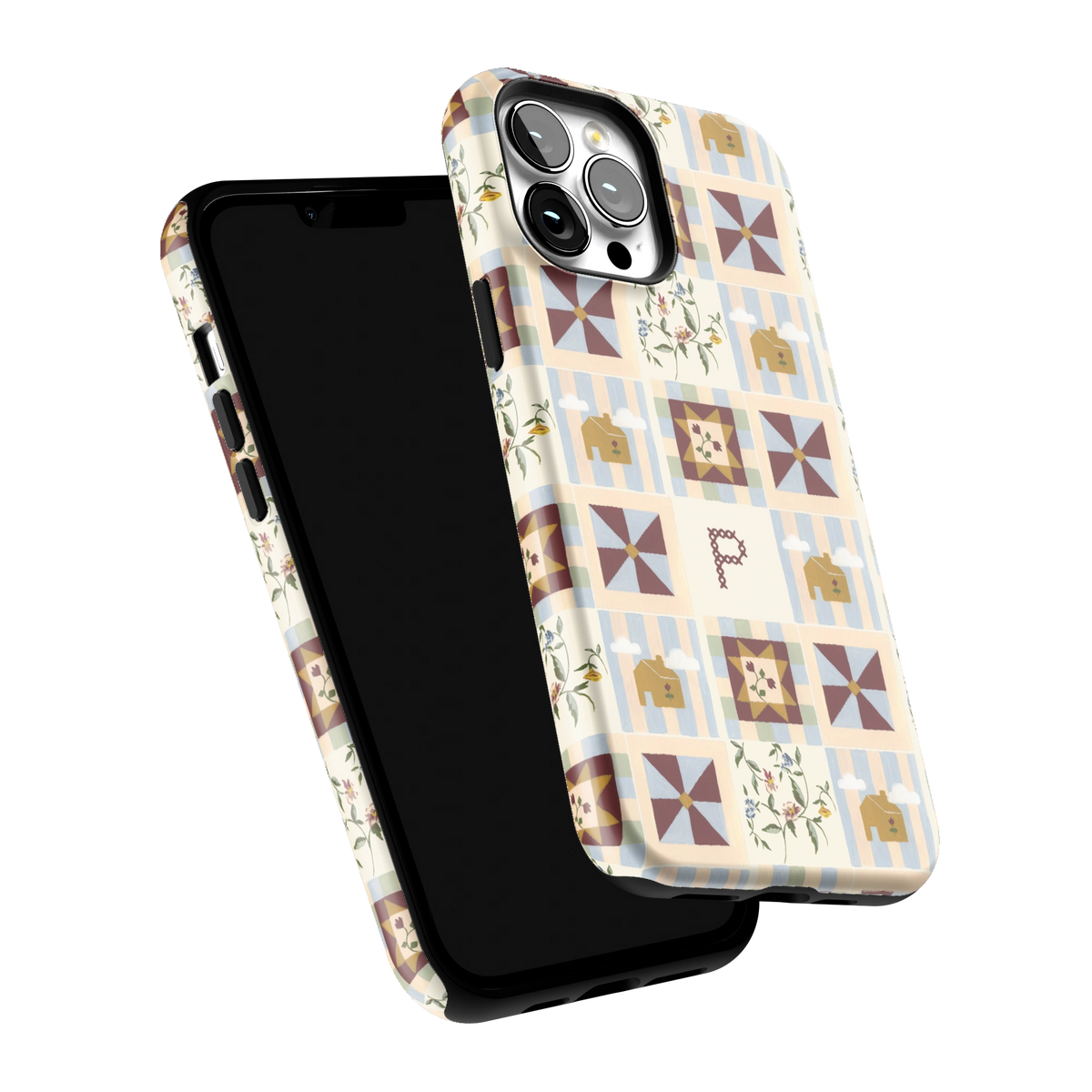 Pinwheel Personalized iPhone 13 Pro Max case tilted to show the raised edges around the screen and camera