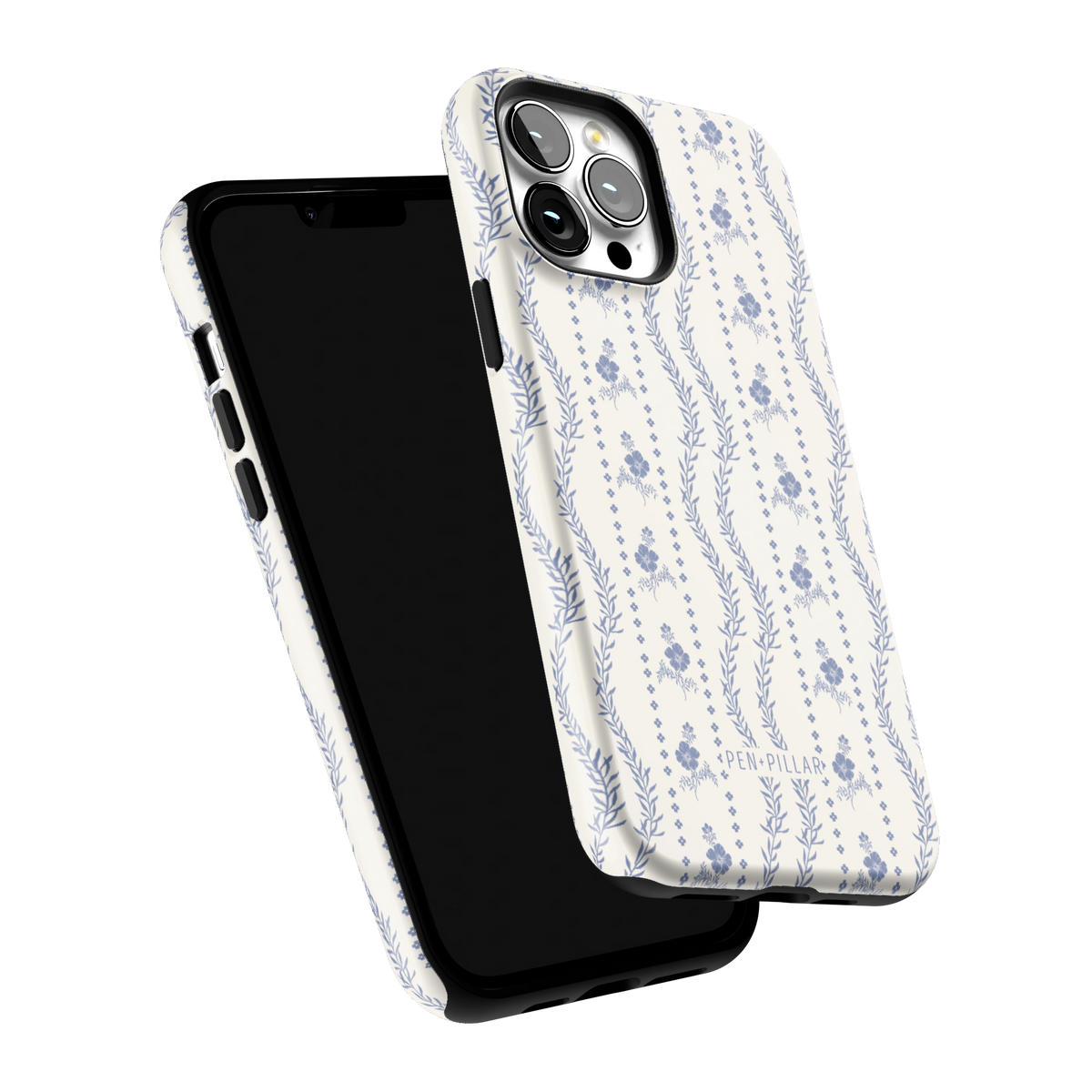 Riviera iPhone 13 Pro Max case tilted to show the raised edges around the screen and camera