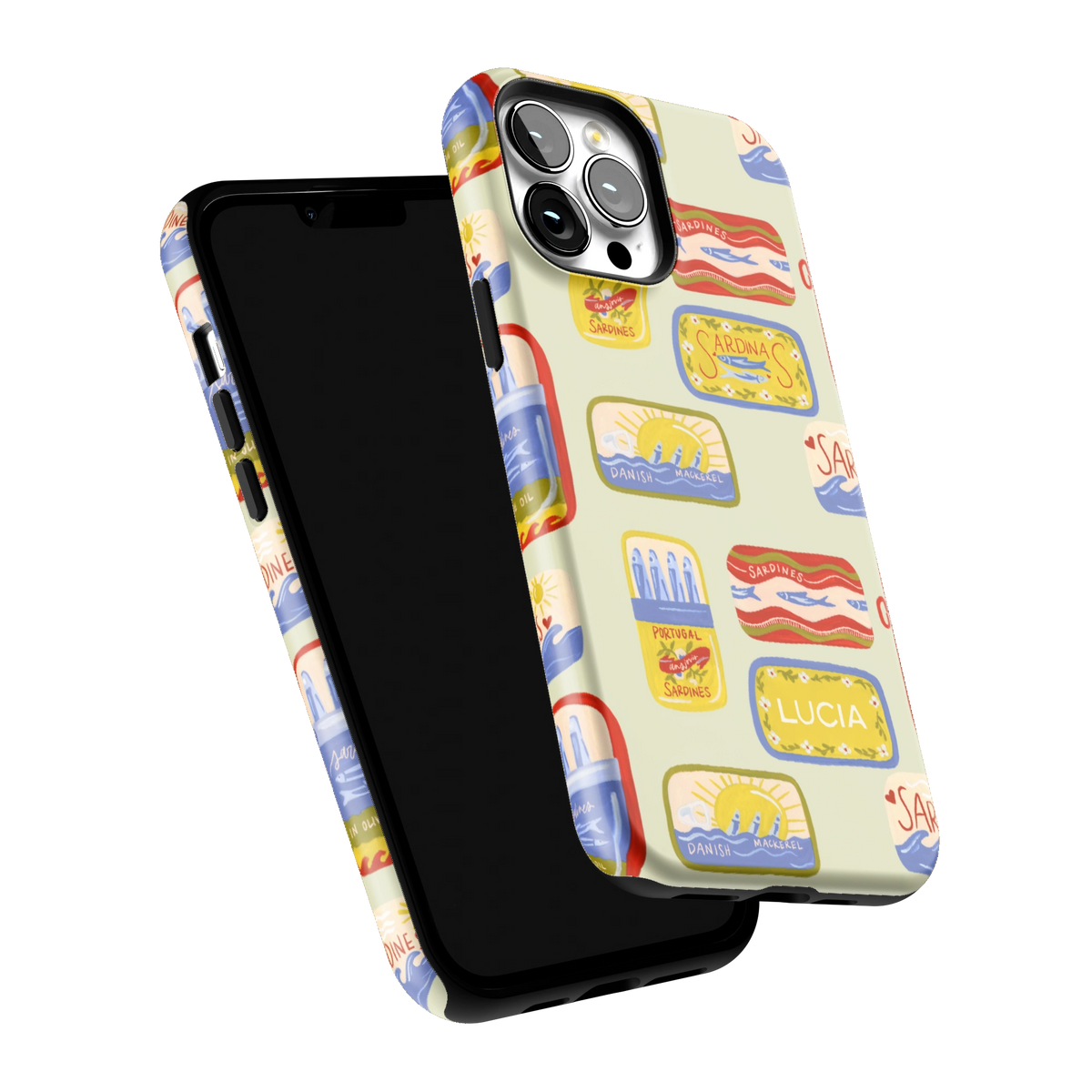 Sardines Personalized iPhone 13 Pro Max case tilted to show the raised edges around the screen and camera