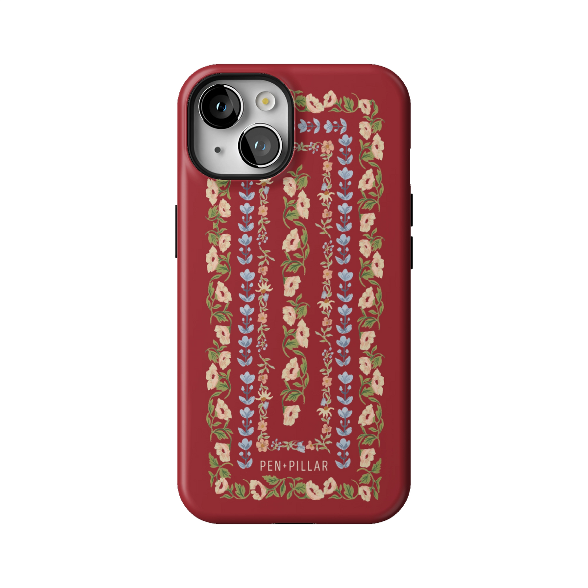 Fiona case on iPhone 14, back view: ornate floral stripes in cream, blush and blue on rich red