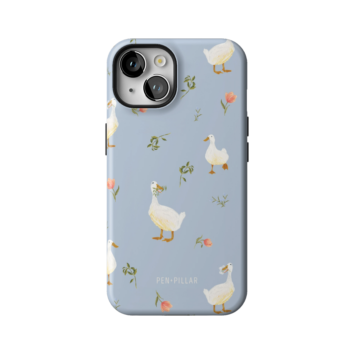 Ducks case on iPhone 14, back view: white ducks and small flower sprigs on soft blue