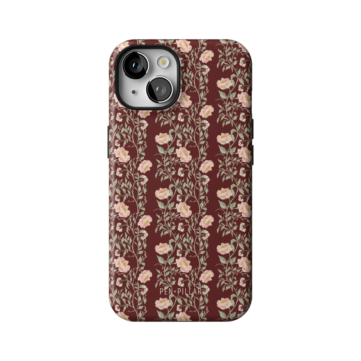 Thicket case on iPhone 14, back view: dense blush and cream florals on deep burgundy