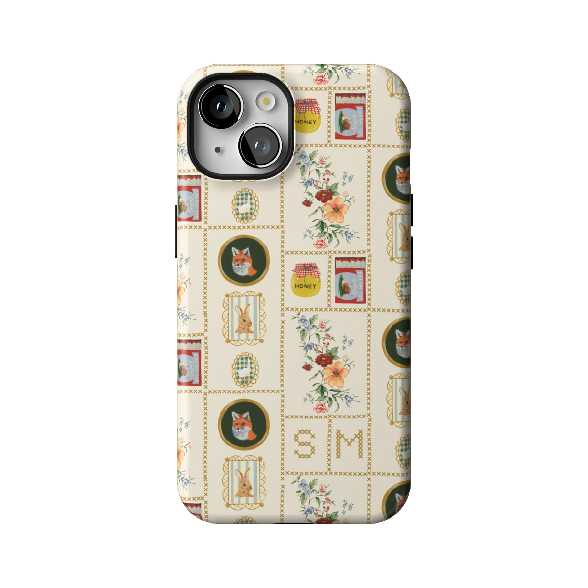Sampler Personalized case on iPhone 14, back view: cross-stitch style squares of jars, animals and florals on cream with the initials SM