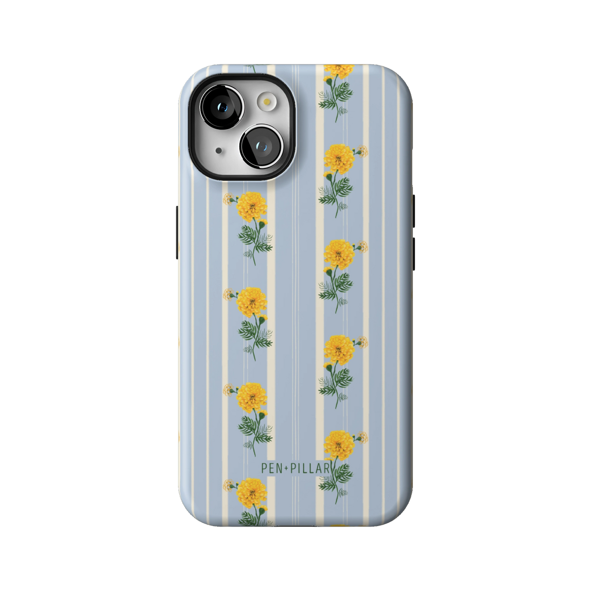October Birth Month case on iPhone 14, back view: yellow marigolds on blue and cream stripes