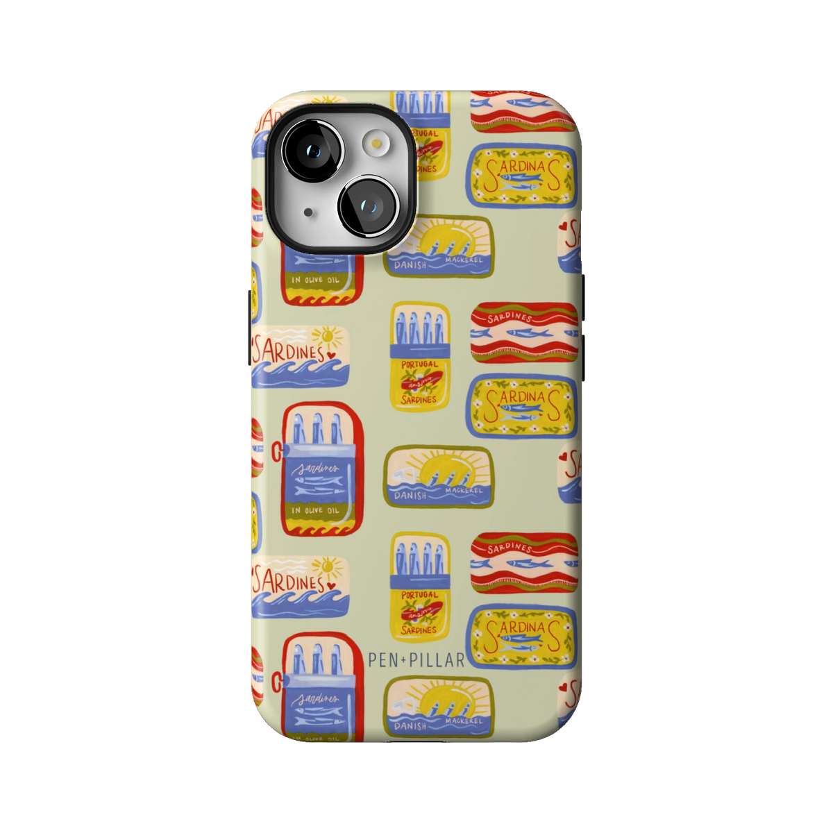 Sardines case on iPhone 14, back view: vintage sardine tins on pale sage
