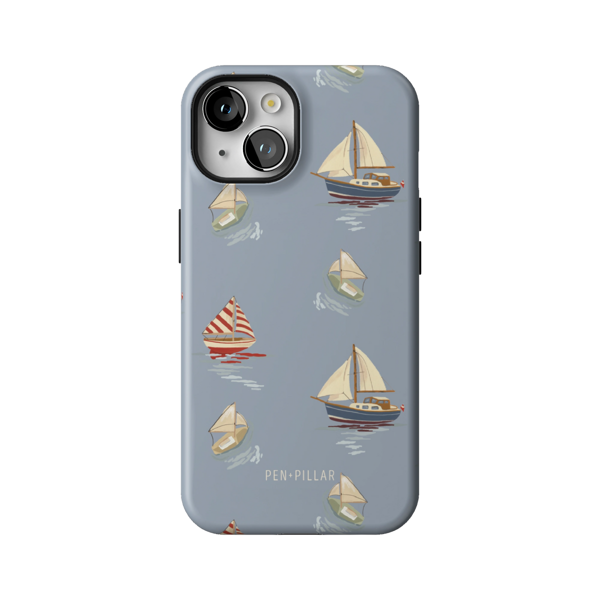 Harbor case on iPhone 14, back view: sailboats and paper boats on dusty blue