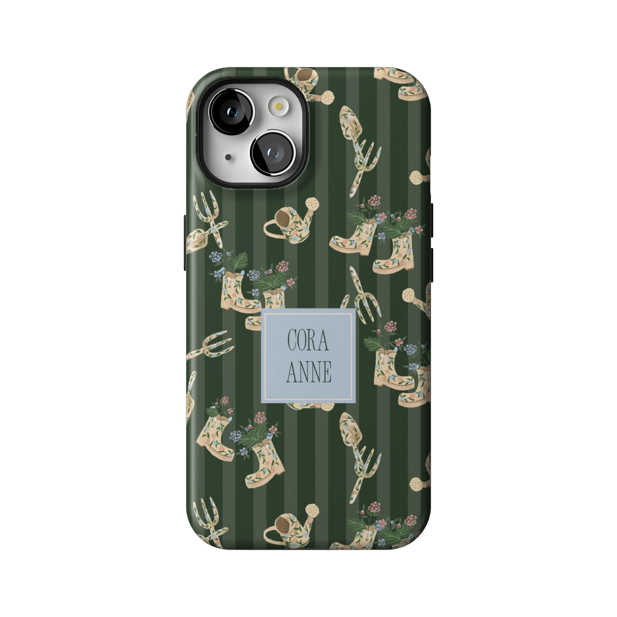 In the Garden Personalized case on iPhone 14, back view: garden boots, tools and florals on forest green stripes with the name Cora Anne