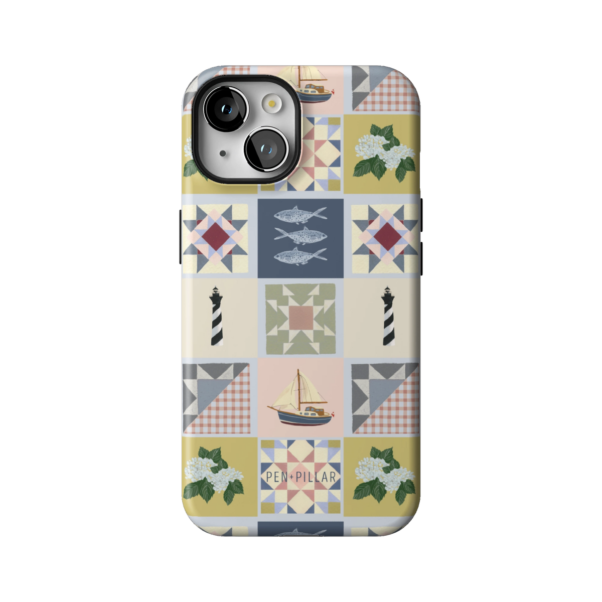 Coastal Quilt case on iPhone 14, back view: quilt blocks with sailboats, fish, a lighthouse and hydrangeas in navy, sage and blush