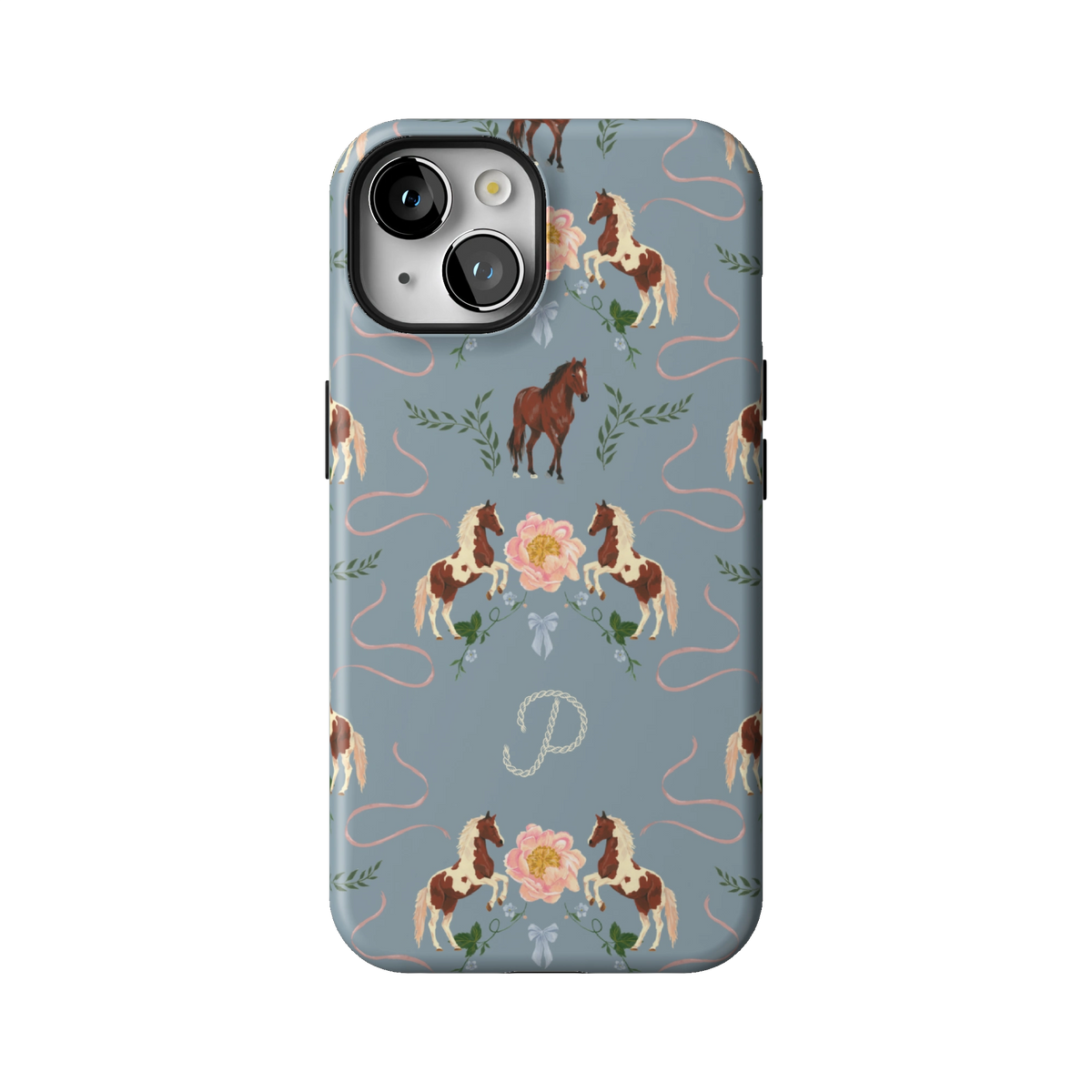 Prairie Personalized case on iPhone 14, back view: horses and blush florals on dusty blue with the initial P