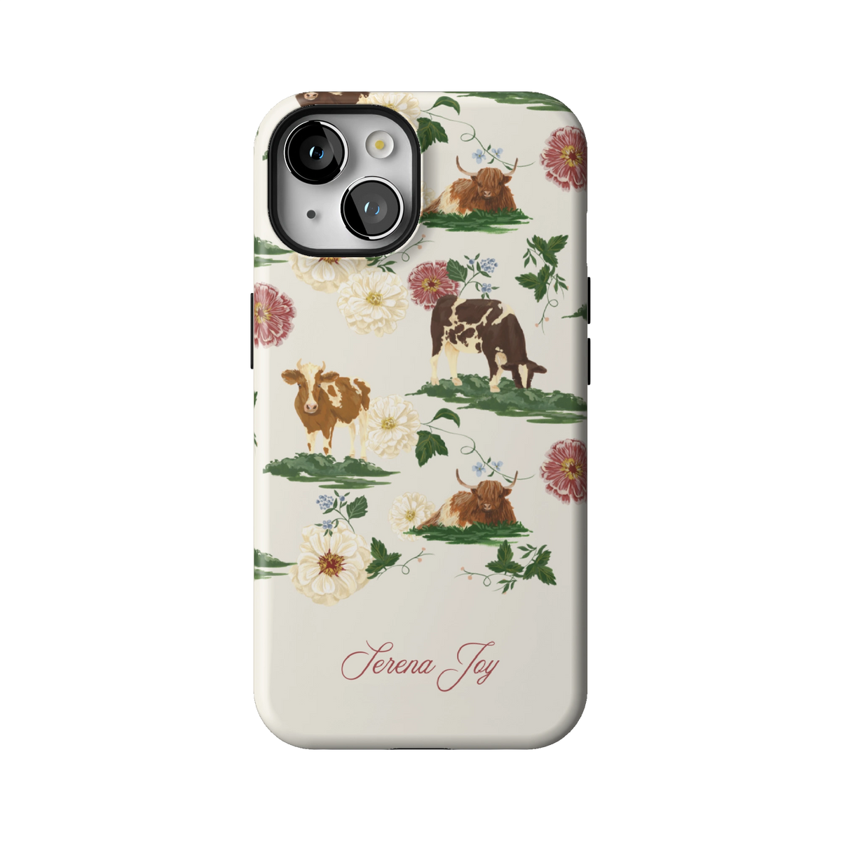 Pasture Personalized case on iPhone 14, back view: cows and dahlias in a countryside scene on cream with a name in script
