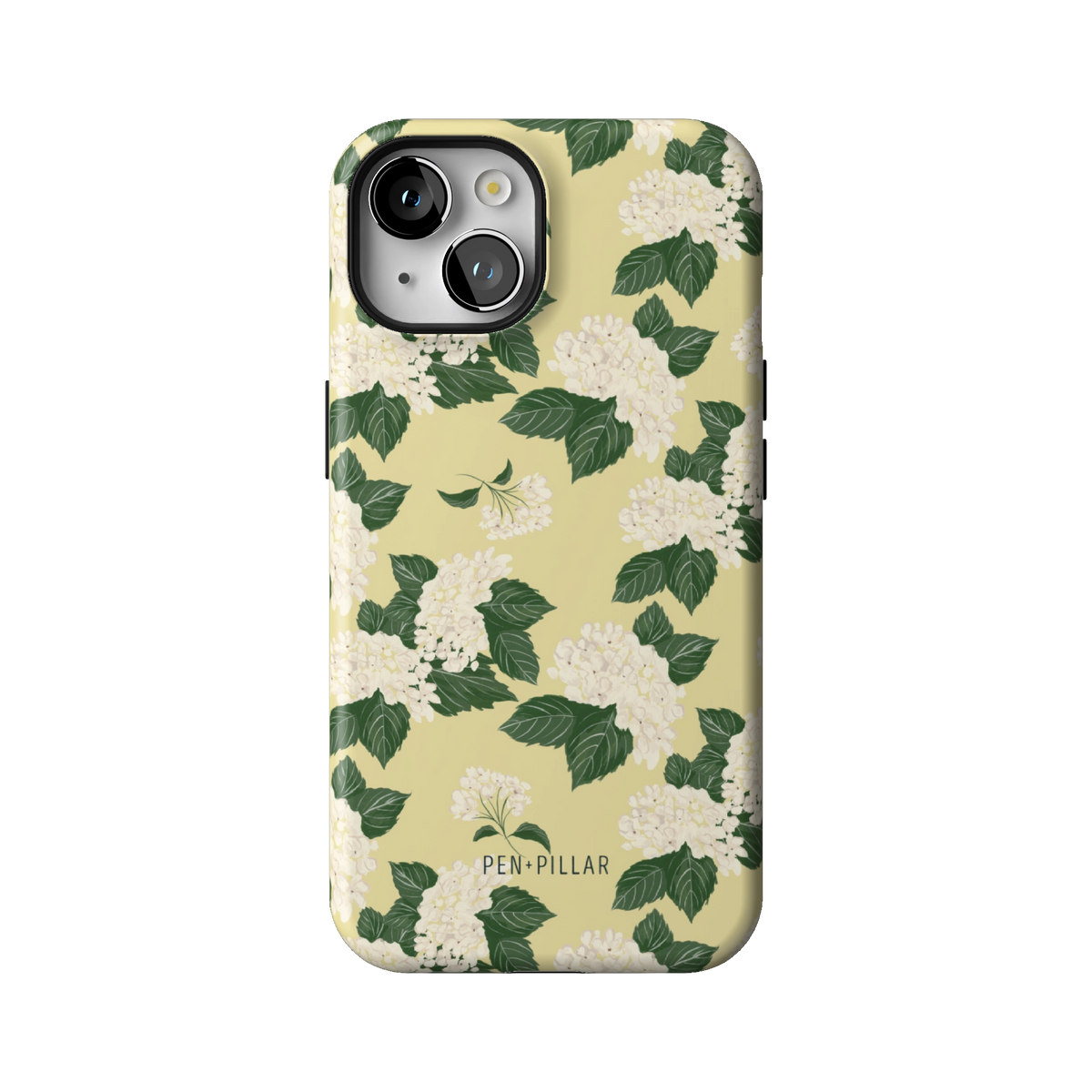 Hydrangea case on iPhone 14, back view: white hydrangeas and green leaves on buttery yellow