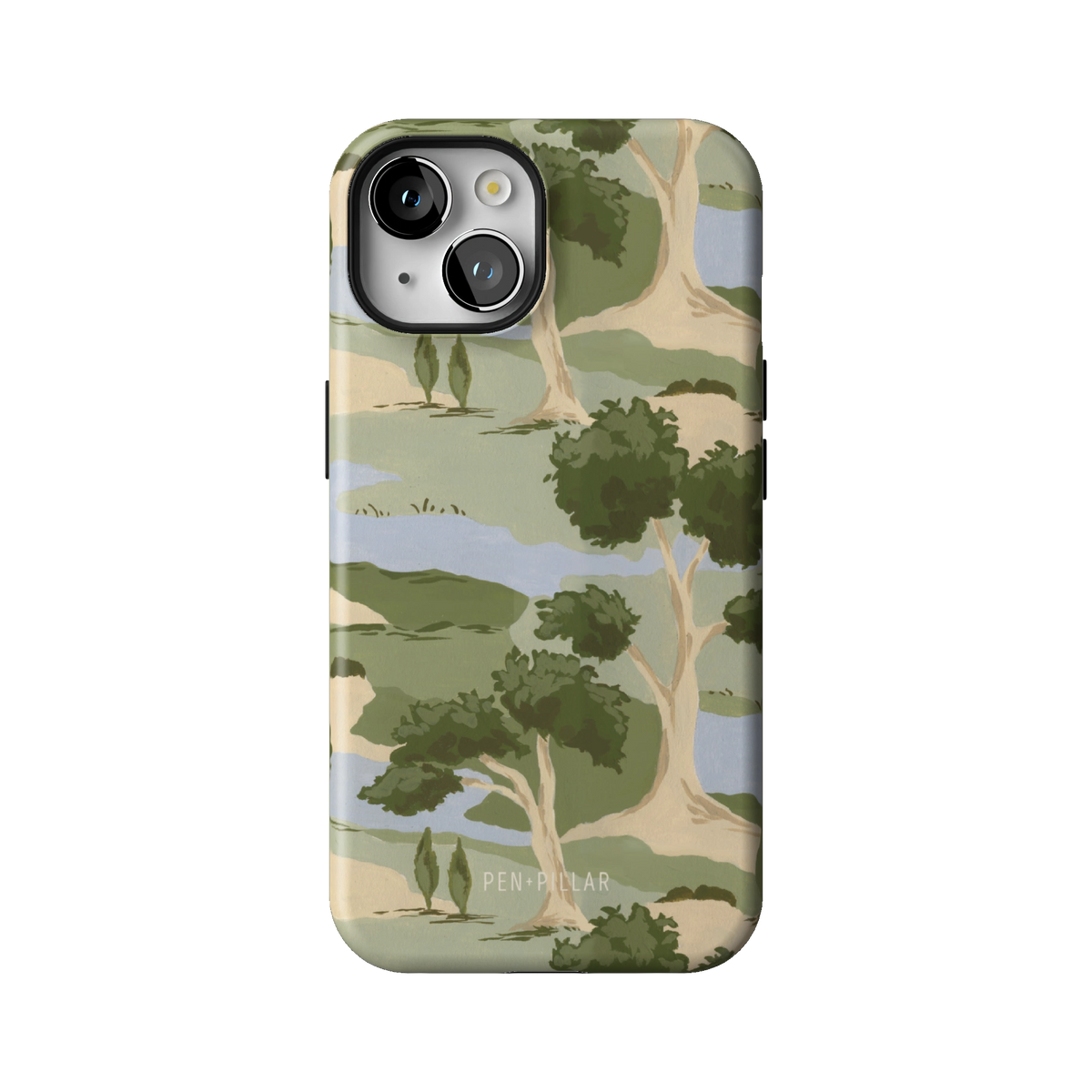 Orchard case on iPhone 14, back view: rolling green trees and winding blue streams on cream