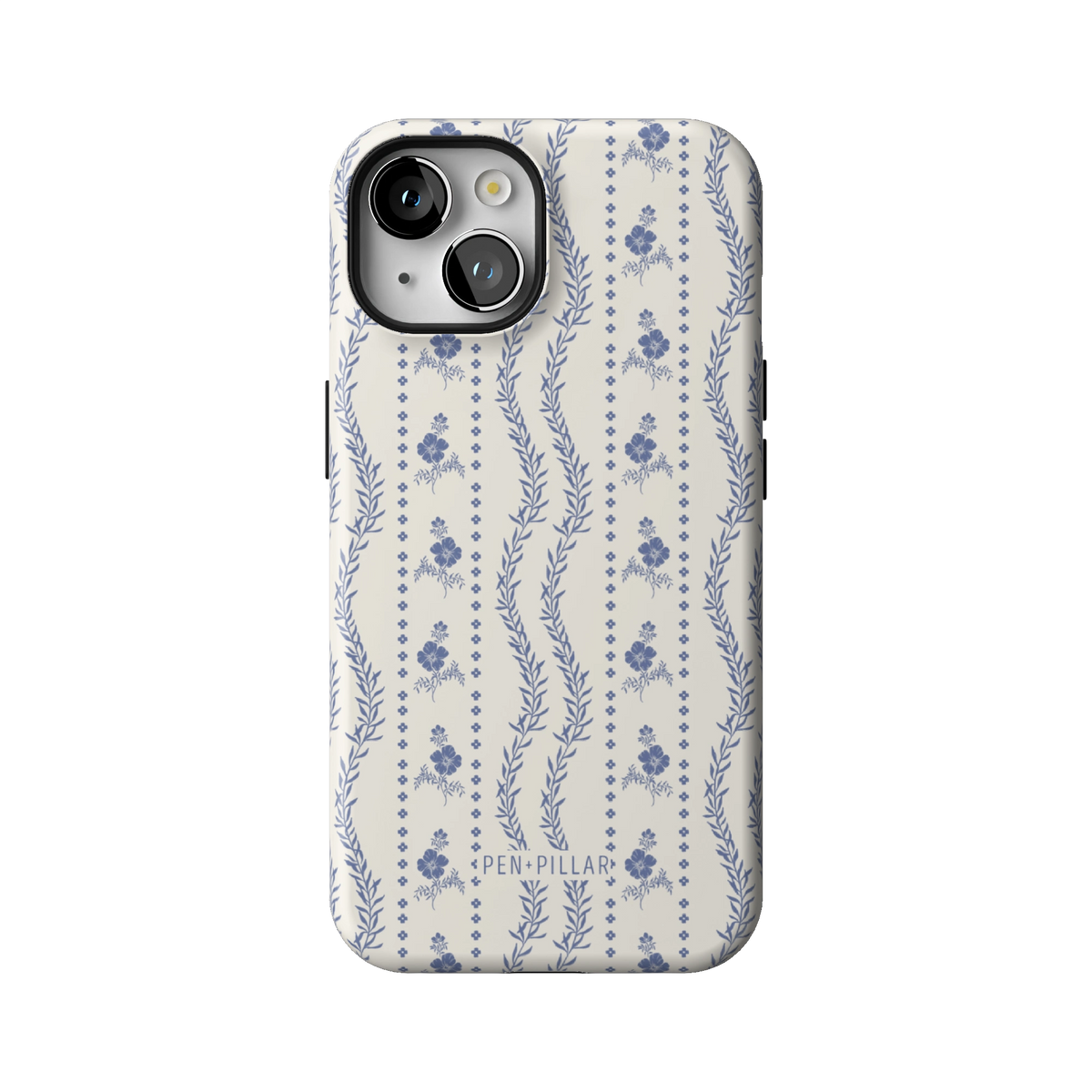 Riviera case on iPhone 14, back view: blue florals and vines in stripes on white