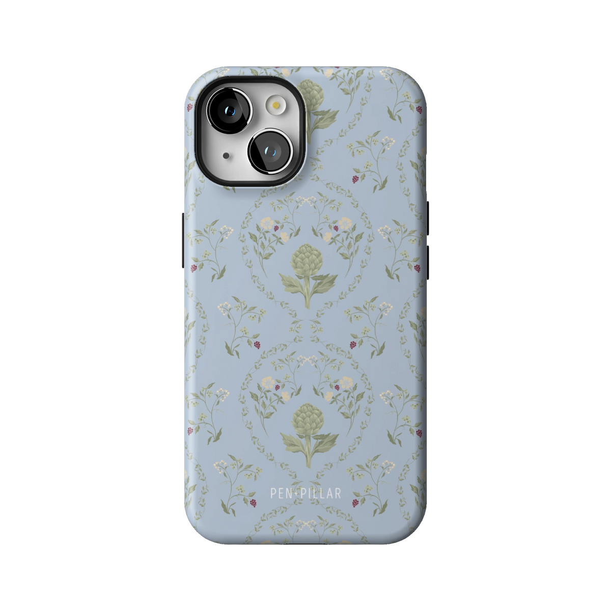 Artichoke case on iPhone 14, back view: soft green artichokes in a vintage trellis on dusty blue