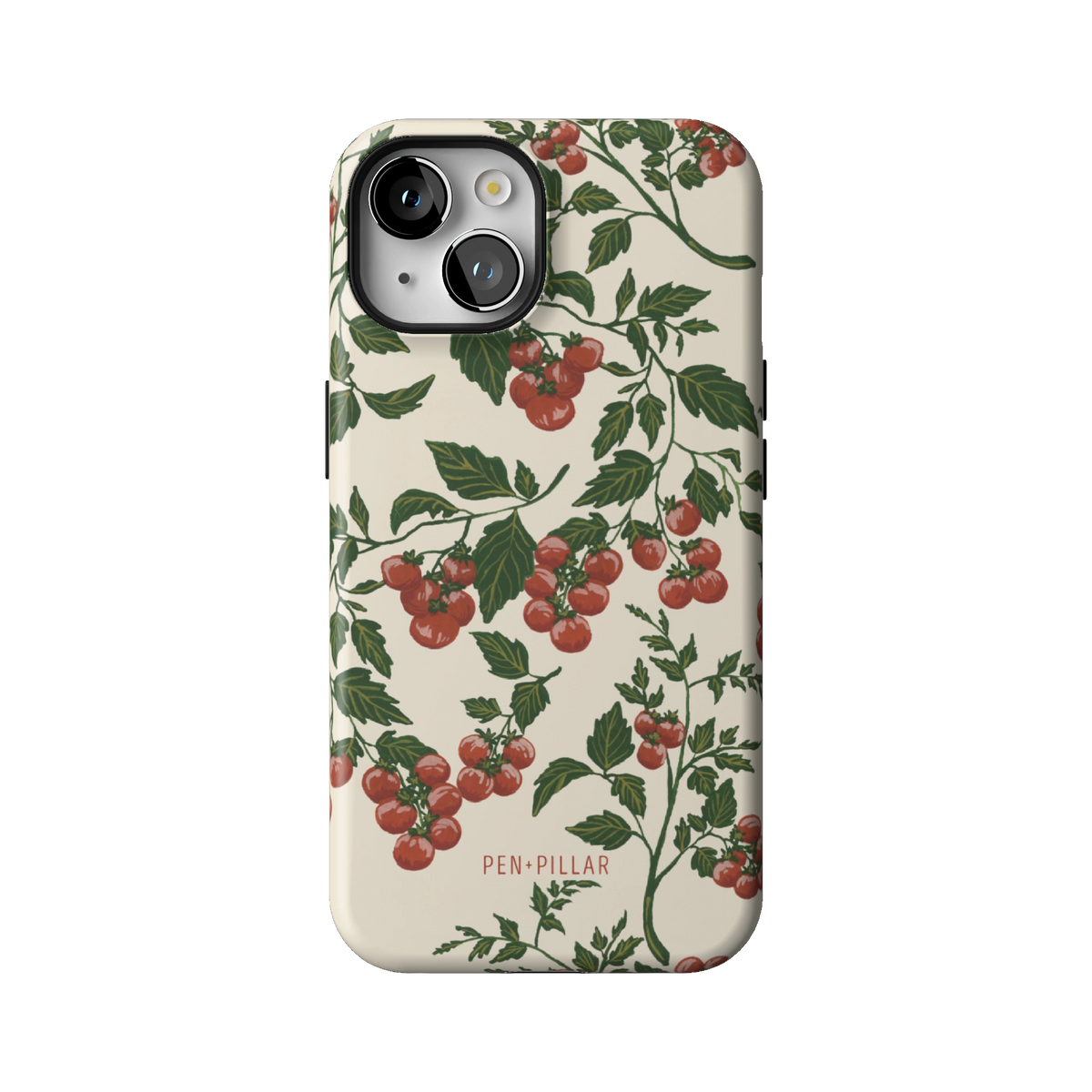 Tomato Vines case on iPhone 14, back view: red tomatoes on leafy green vines over cream
