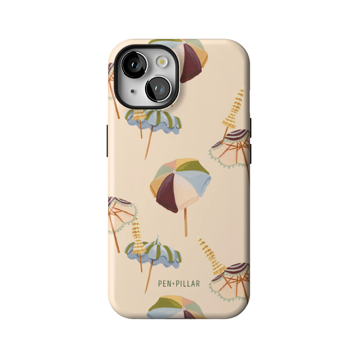 Umbrellas case on iPhone 14, back view: striped beach umbrellas and loungers on warm sand