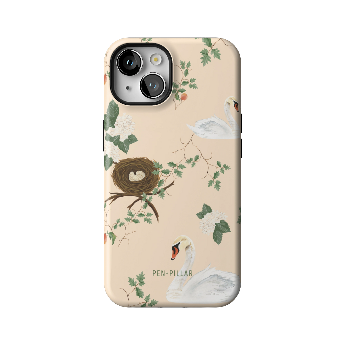 Swan Hollow case on iPhone 14, back view: swans, a bird's nest and trailing greenery on cream