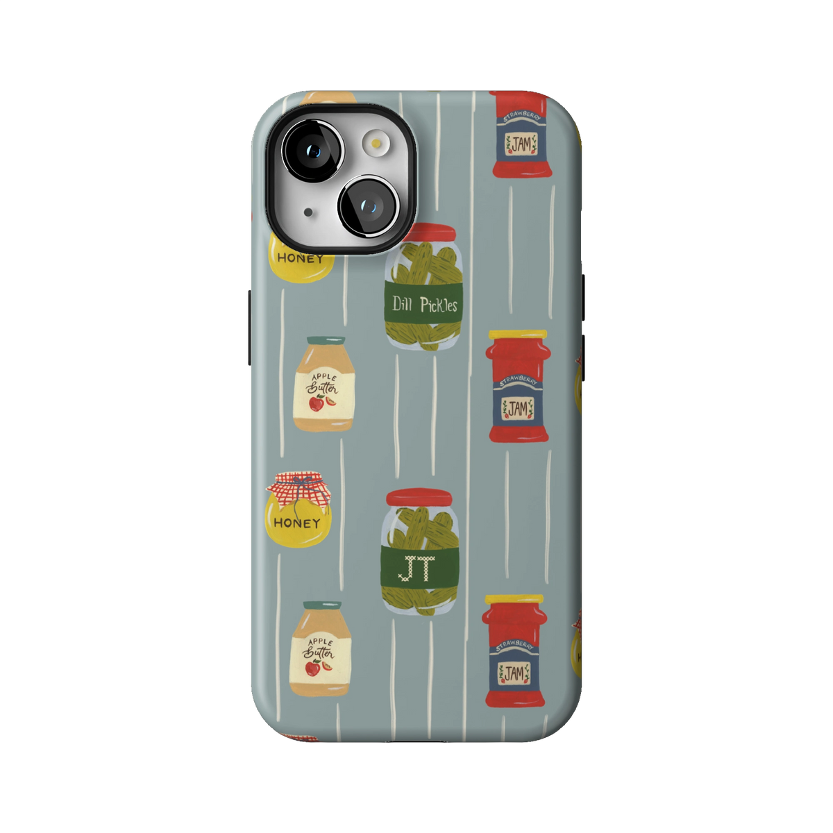 Preserves Personalized case on iPhone 14, back view: jars of honey, pickles and jam on slate blue stripes with the initials JT