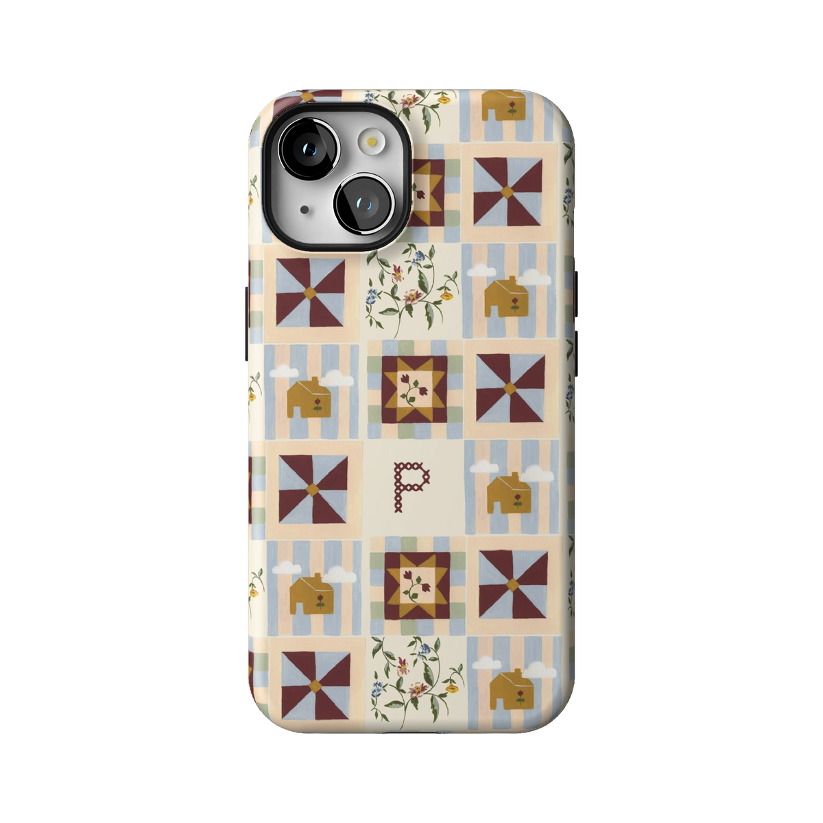 Pinwheel Personalized case on iPhone 14, back view: burgundy pinwheel quilt blocks on blue stripes with the initial P