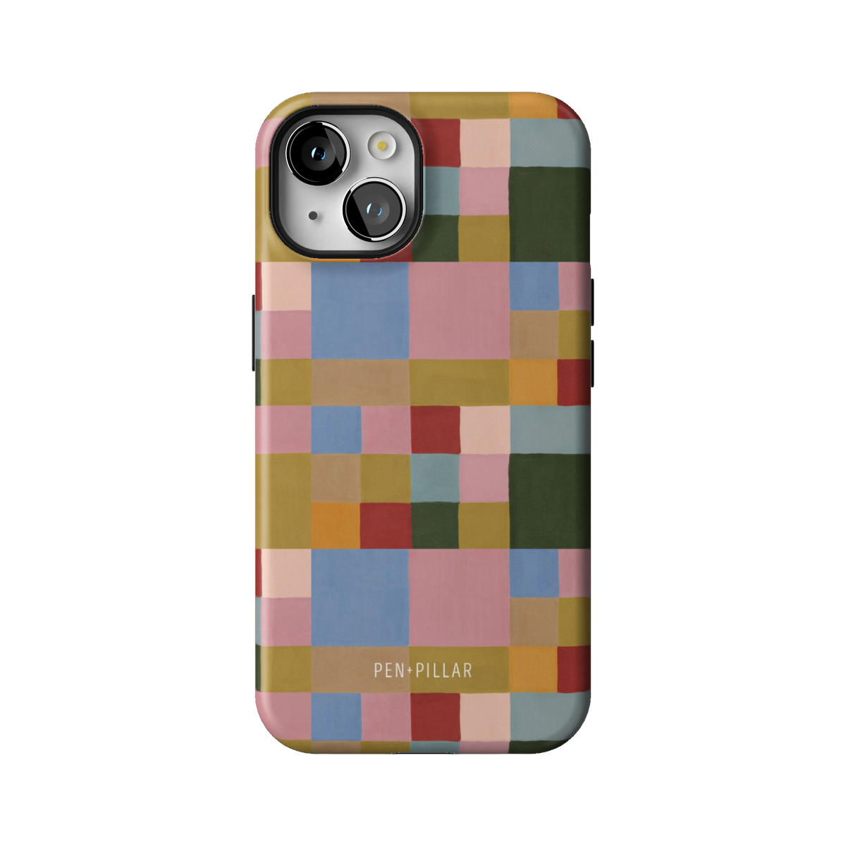 Colorblock case on iPhone 14, back view: painterly squares in blush, sky blue, mustard, rust and forest green