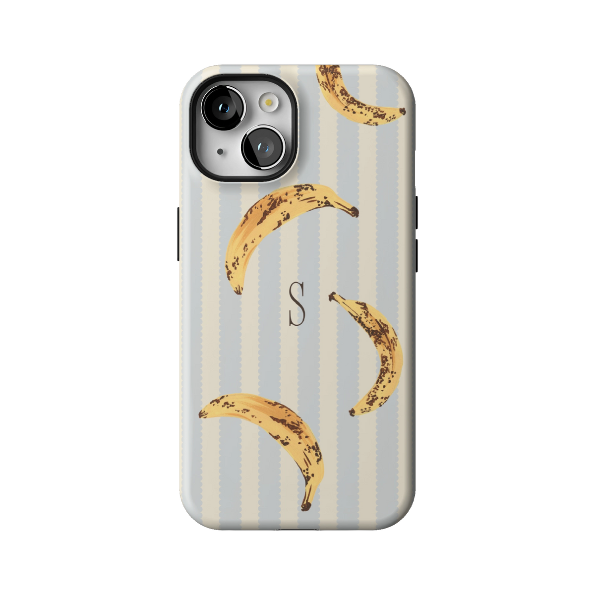 Striped Bananas Personalized case on iPhone 14, back view: ripe bananas on pale blue and cream stripes with the initial S