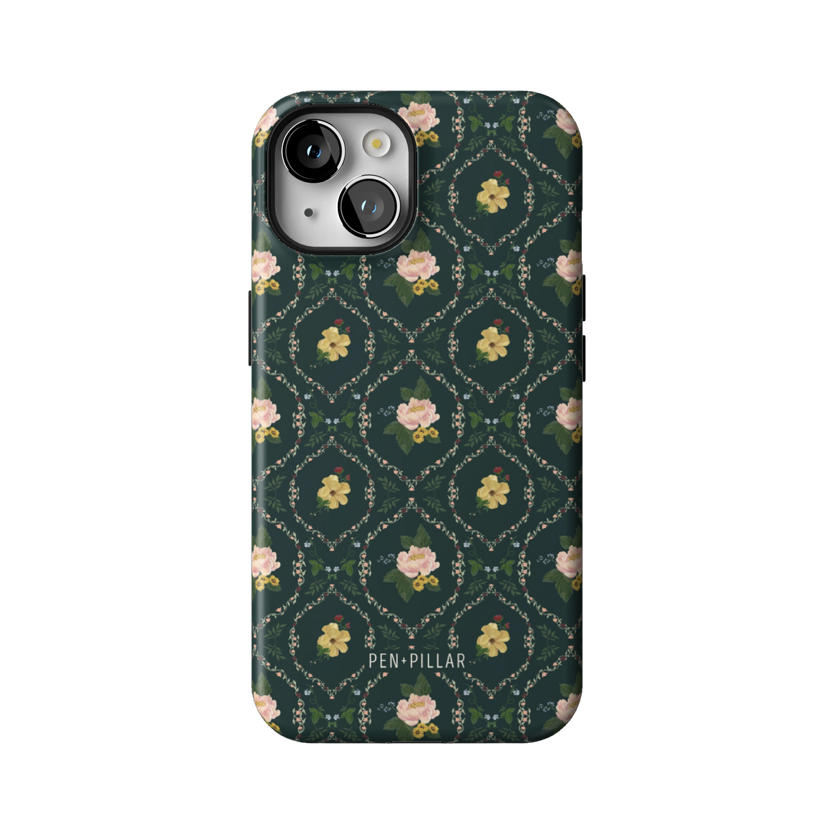 Meadow case on iPhone 14, back view: small yellow and pink flowers in a diamond trellis on deep green