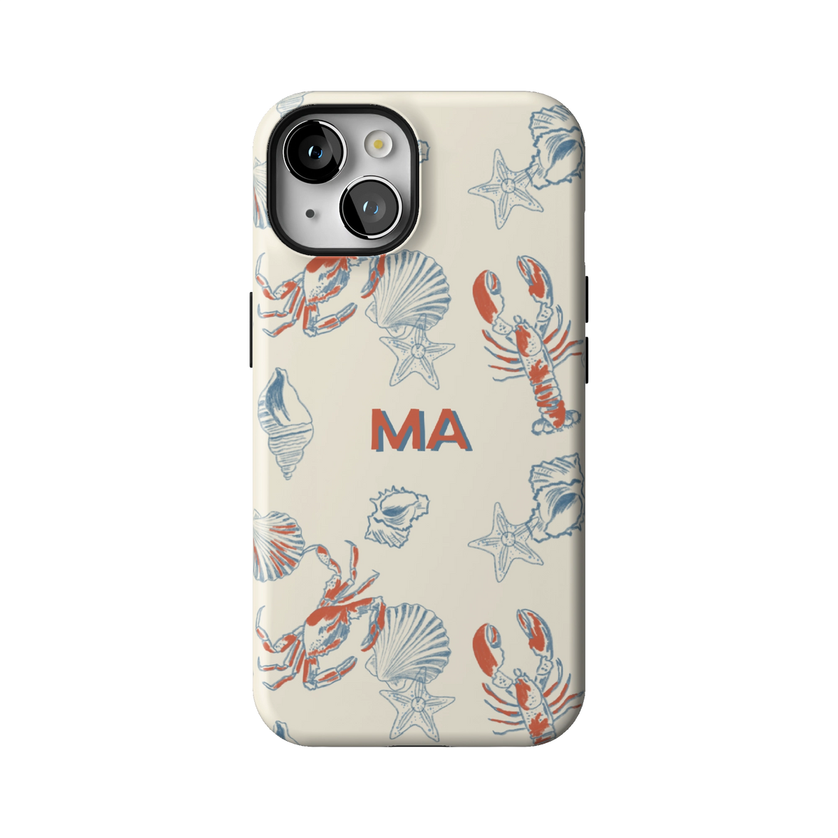 Mariner Personalized case on iPhone 14, back view: red lobsters, blue crabs and seashells on cream with the initials MA