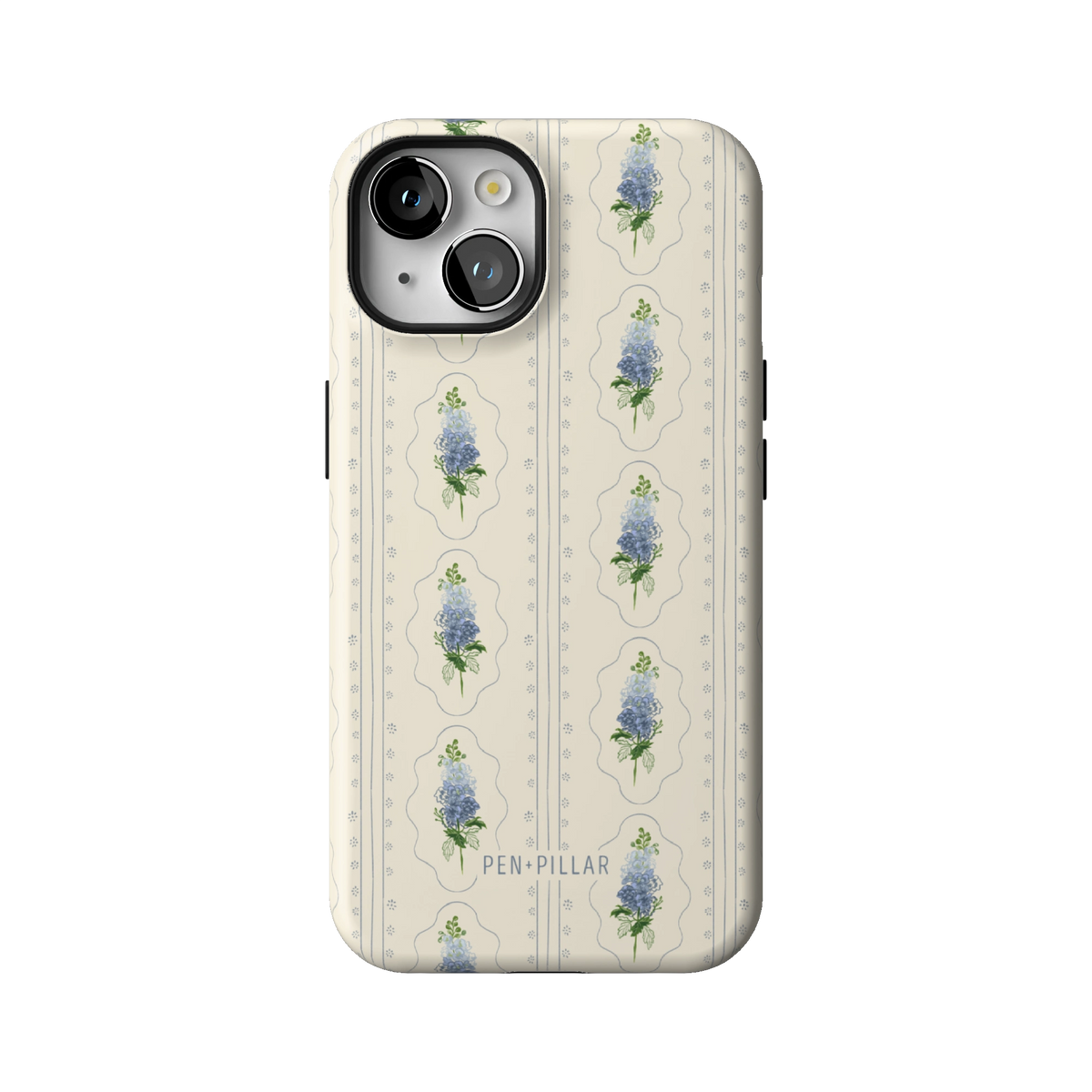 July Birth Month case on iPhone 14, back view: blue larkspur in cream frames