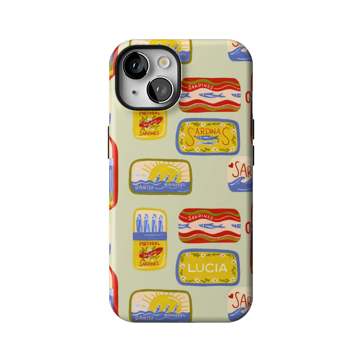 Sardines Personalized case on iPhone 14, back view: vintage sardine tins on pale sage with the name Lucia