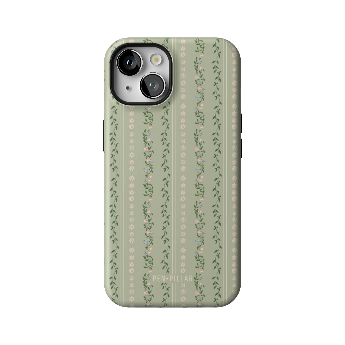 Camellia case on iPhone 14, back view: sage green with soft floral stripes