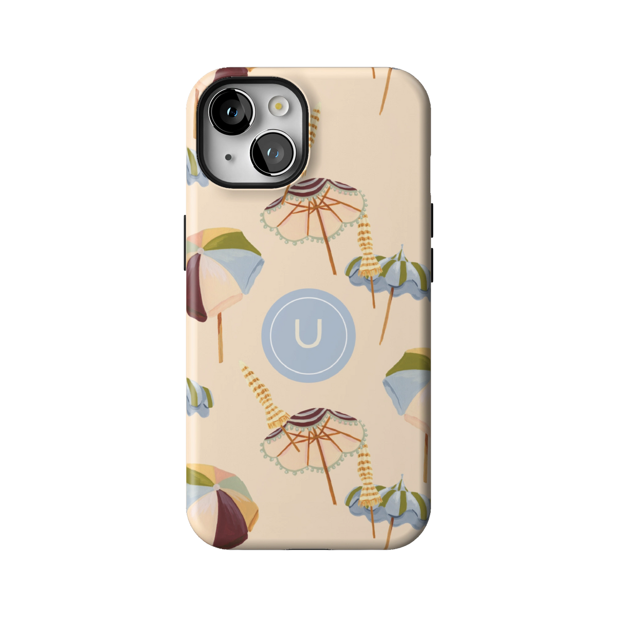 Umbrellas Personalized case on iPhone 14, back view: striped beach umbrellas and loungers on warm sand with the initial U