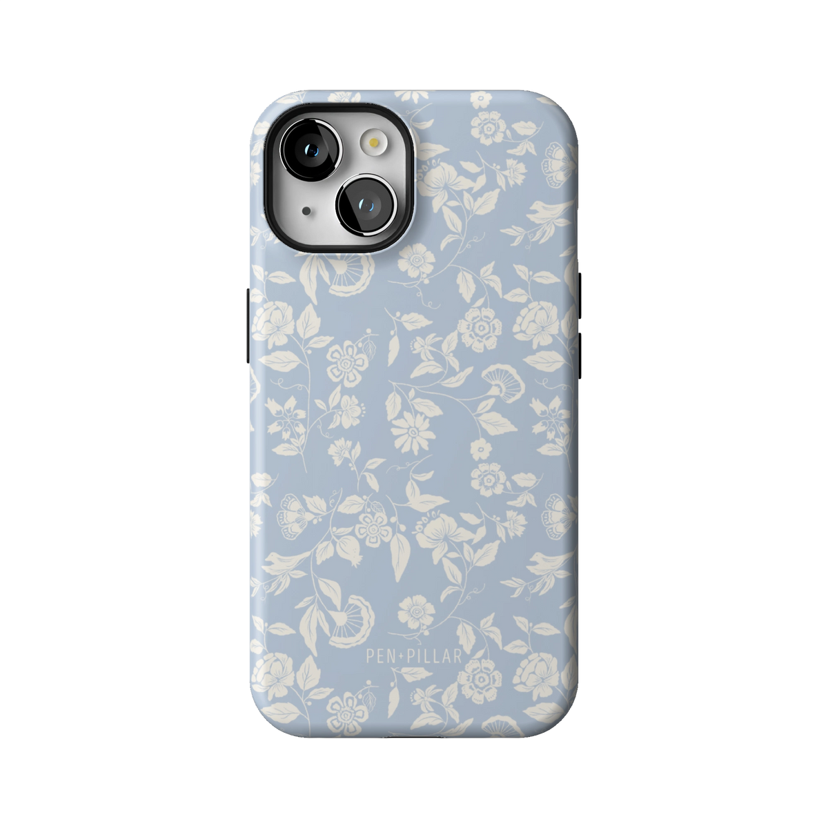Spritz case on iPhone 14, back view: white florals on soft blue