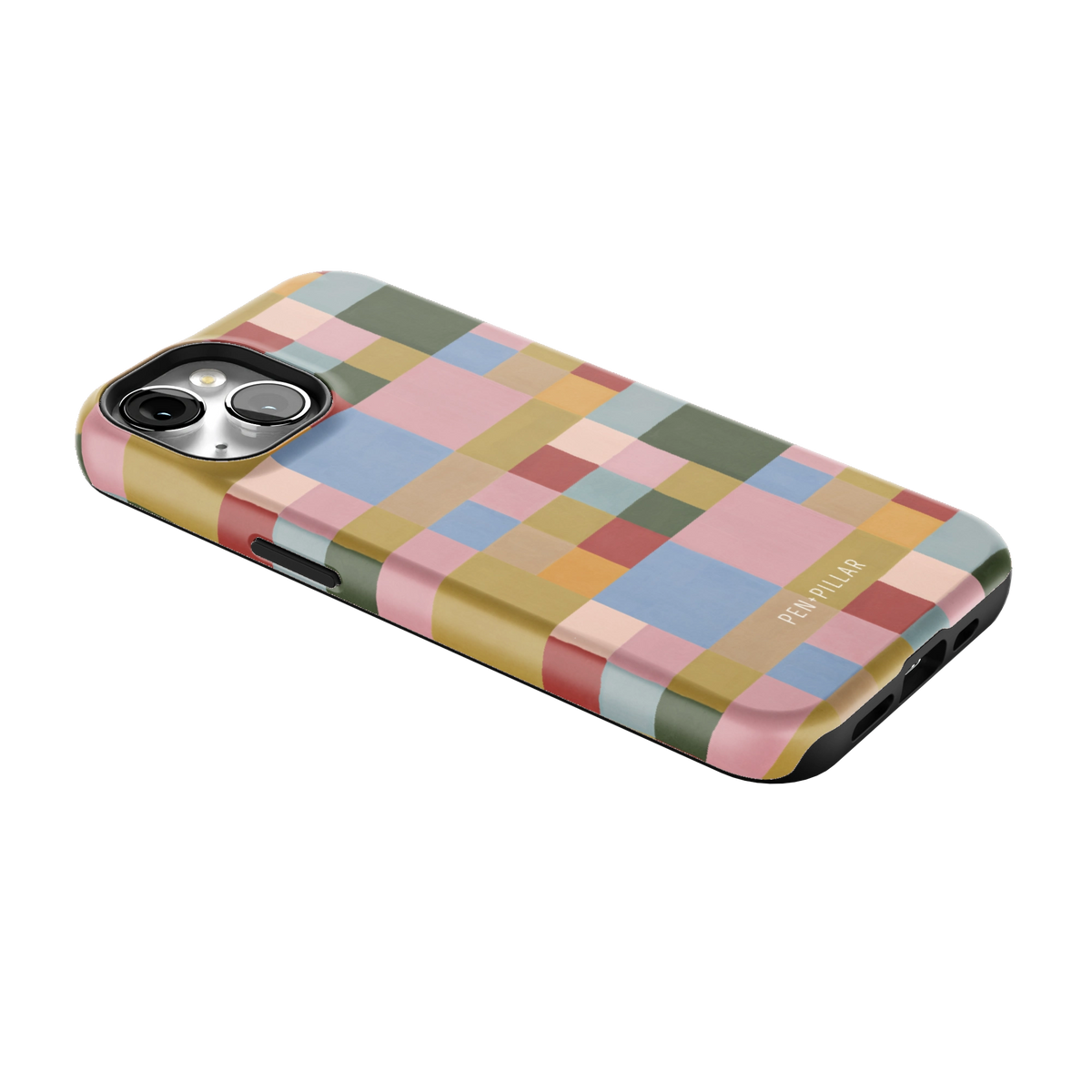 Colorblock iPhone 14 case lying at an angle, showing the side buttons and print wrapping the edges