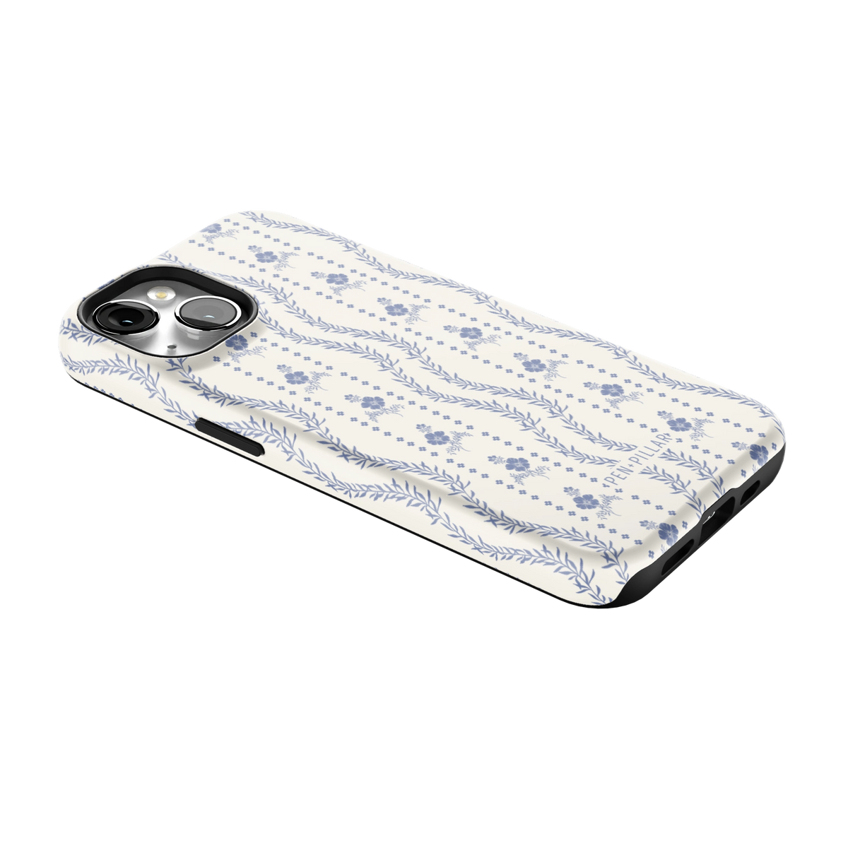 Riviera iPhone 14 case lying at an angle, showing the side buttons and print wrapping the edges