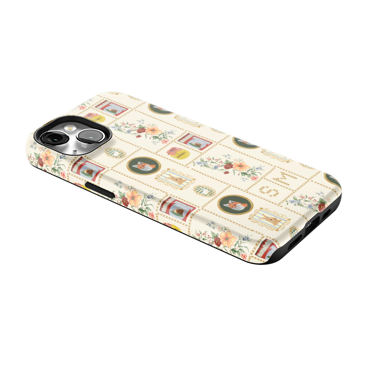 Sampler Personalized iPhone 14 case lying at an angle, showing the side buttons and print wrapping the edges
