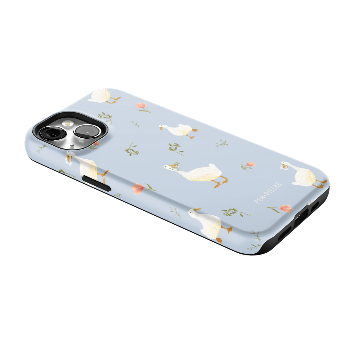 Ducks iPhone 14 case lying at an angle, showing the side buttons and print wrapping the edges