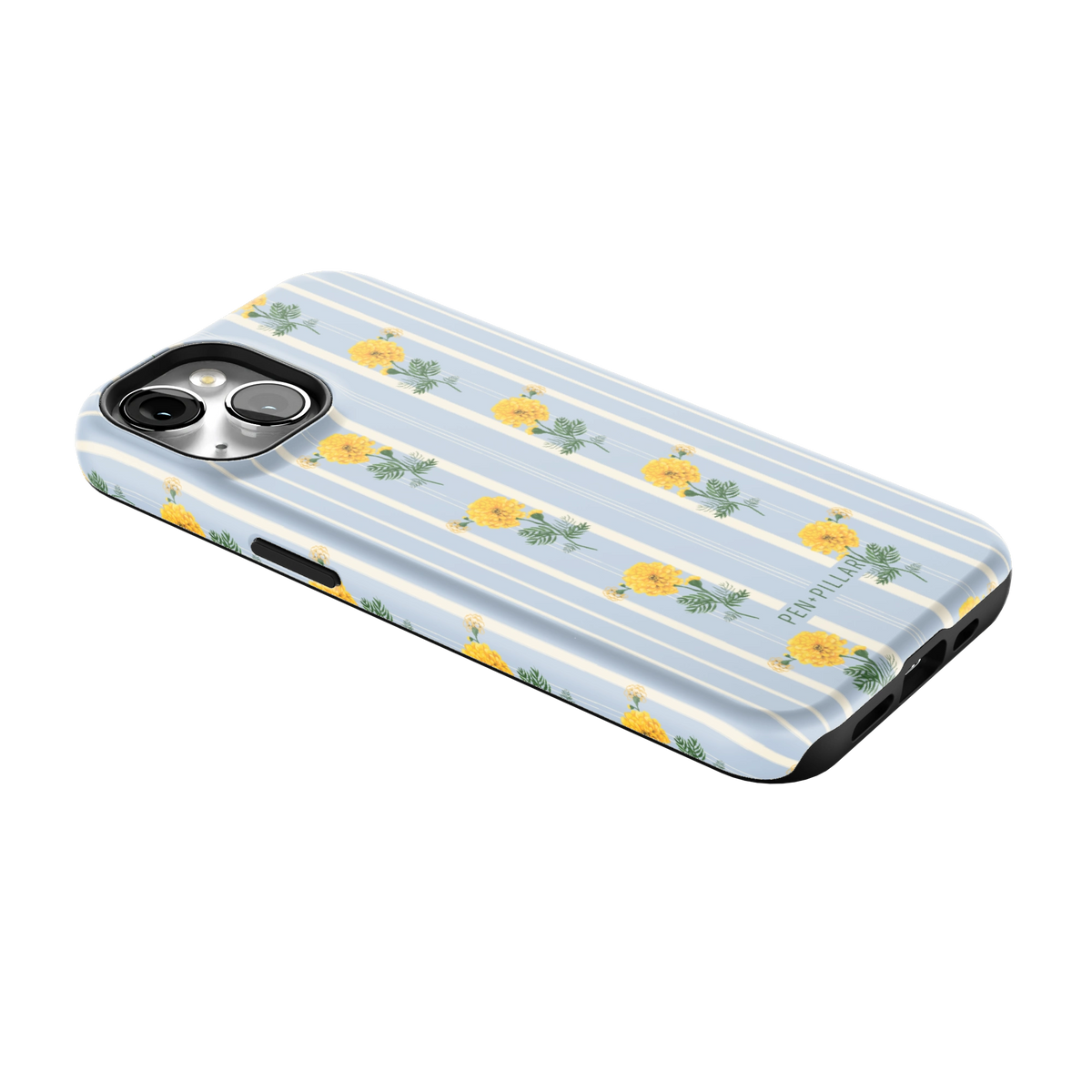 October Birth Month iPhone 14 case lying at an angle, showing the side buttons and print wrapping the edges