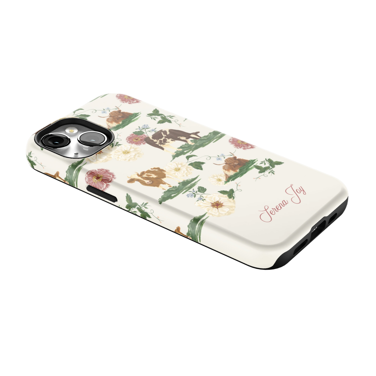 Pasture Personalized iPhone 14 case lying at an angle, showing the side buttons and print wrapping the edges