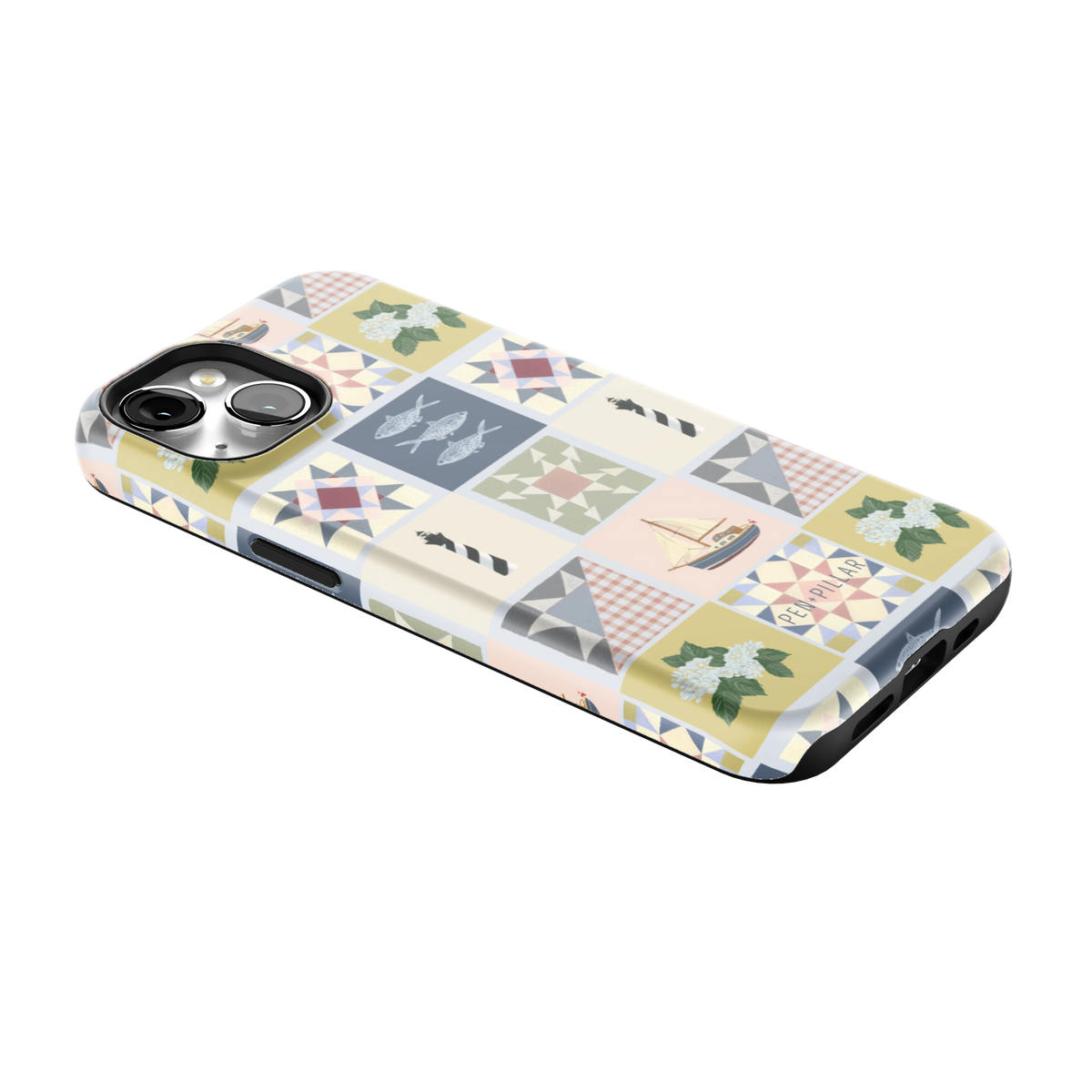 Coastal Quilt iPhone 14 case lying at an angle, showing the side buttons and print wrapping the edges