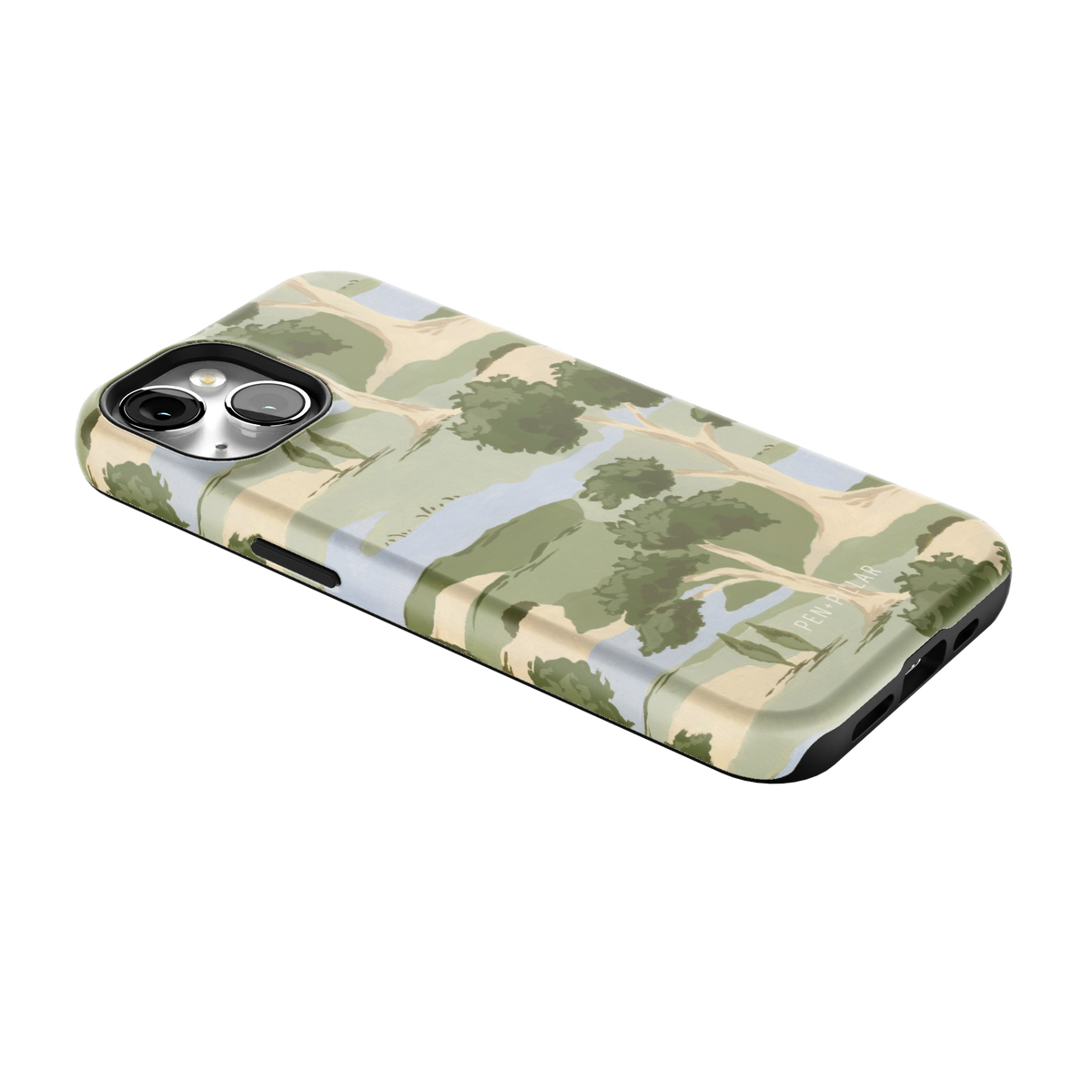 Orchard iPhone 14 case lying at an angle, showing the side buttons and print wrapping the edges