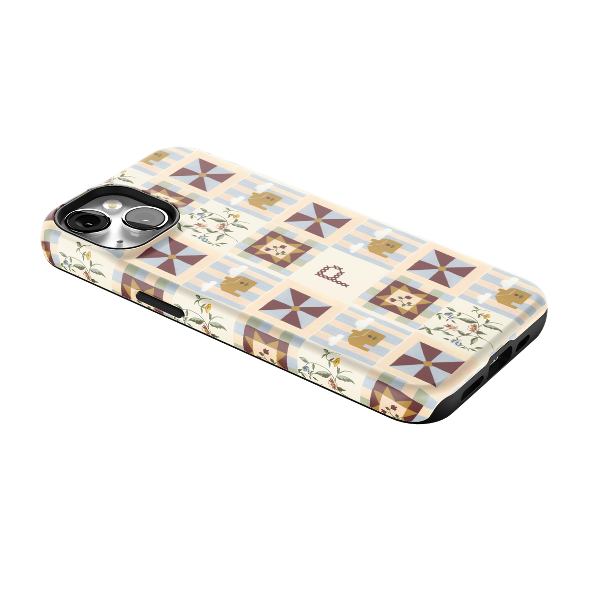Pinwheel Personalized iPhone 14 case lying at an angle, showing the side buttons and print wrapping the edges